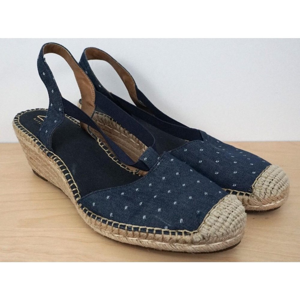 Clarks Artisan Blue Fabric Tan Slingback Espadrille Wedge Slip On Heels Size 10